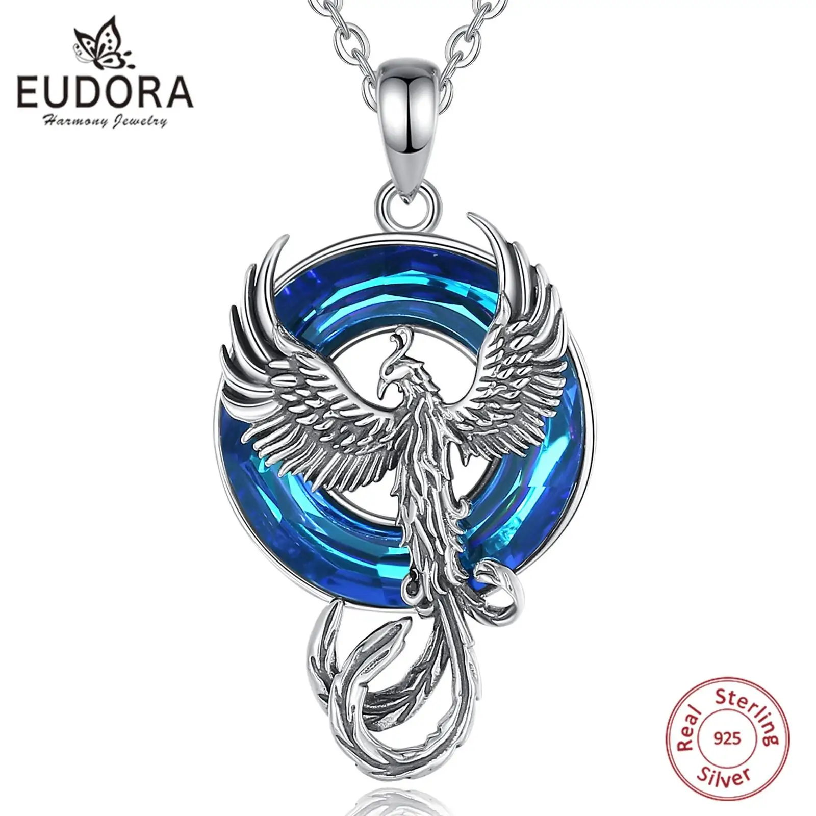 

Eudora 925 Sterling Silver Phoenix Neckalce Luxury Circle Austrian Crystal Phoenix Pendant Personality Jewelry for Women Man Gif