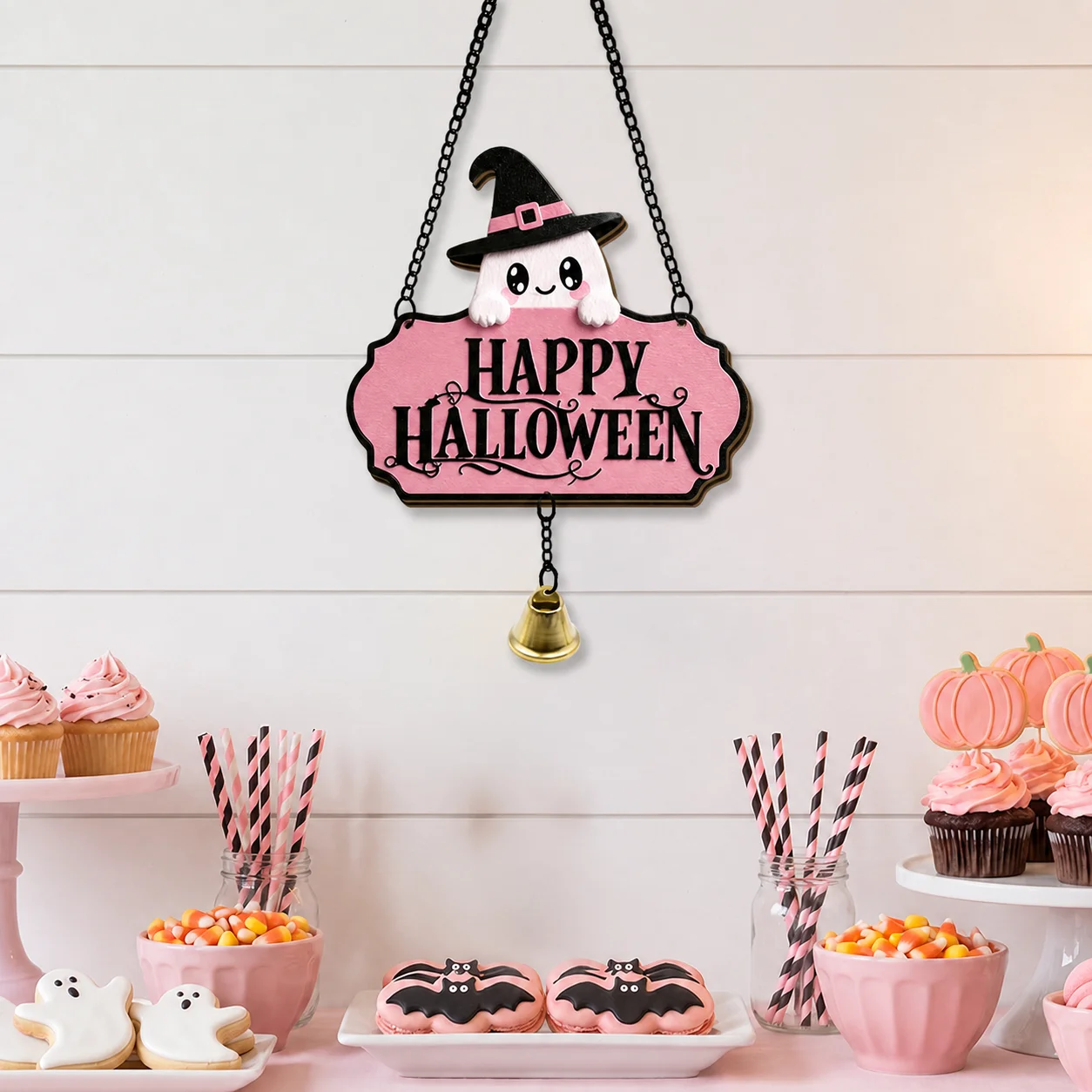 Halloween Decorative Hanging Sign Cute Ghost Skull Hanging Plaque Cute Halloween Sign Cartoon Bell Hanging Wooden Sign For Shop