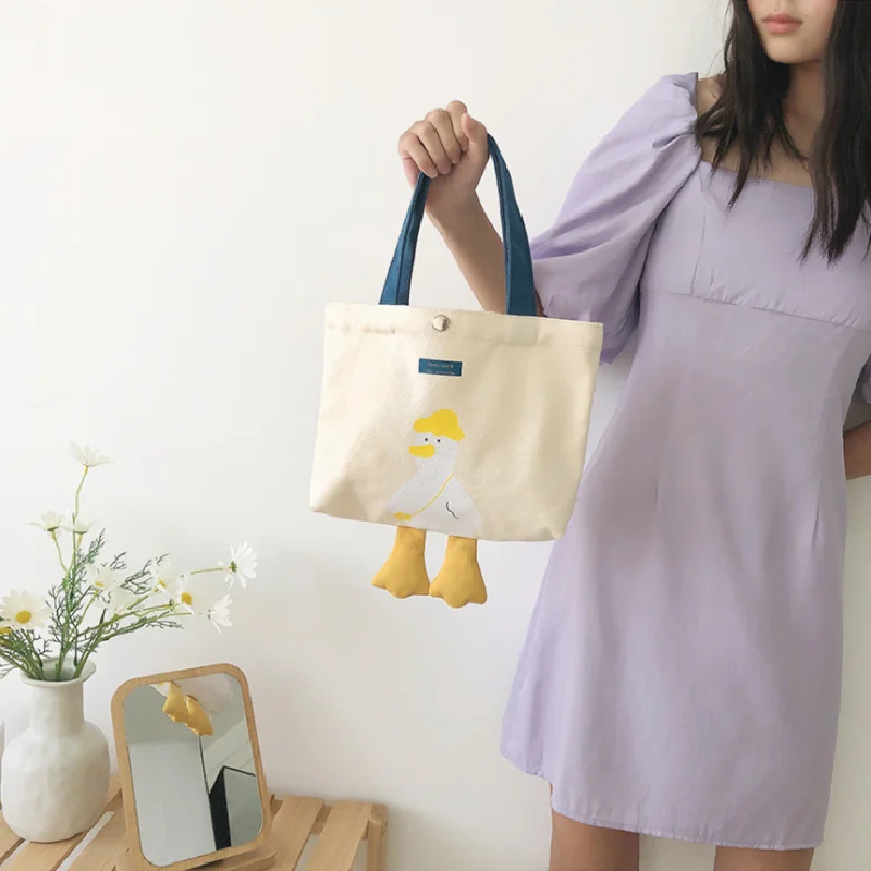 1PC Female\'s Canvas Lunch Bags Handbags Cute Cartoon Yellow Duck Lunch Bag Casual Simple Tote Bags Women Fashion Bag Lonchera