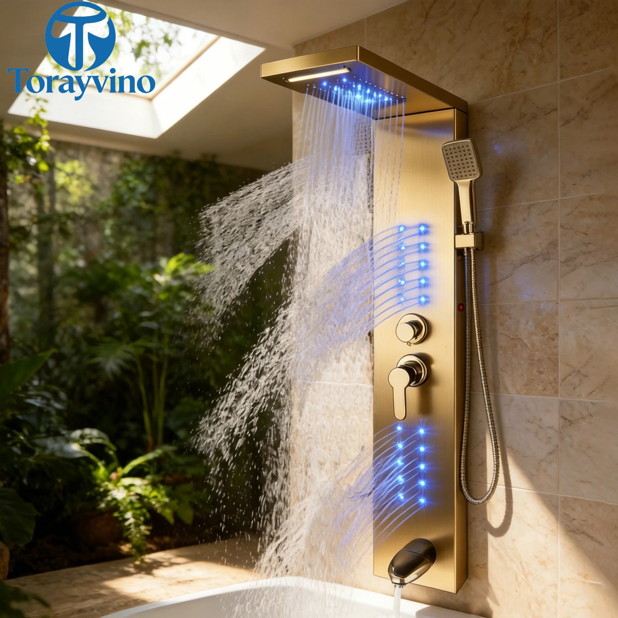 

Torayvino Outdoor LED Bathroom Luxury Shower Panel Set 4-way Rainfall Shower system Set Column Rain Massage Shower System Faucet