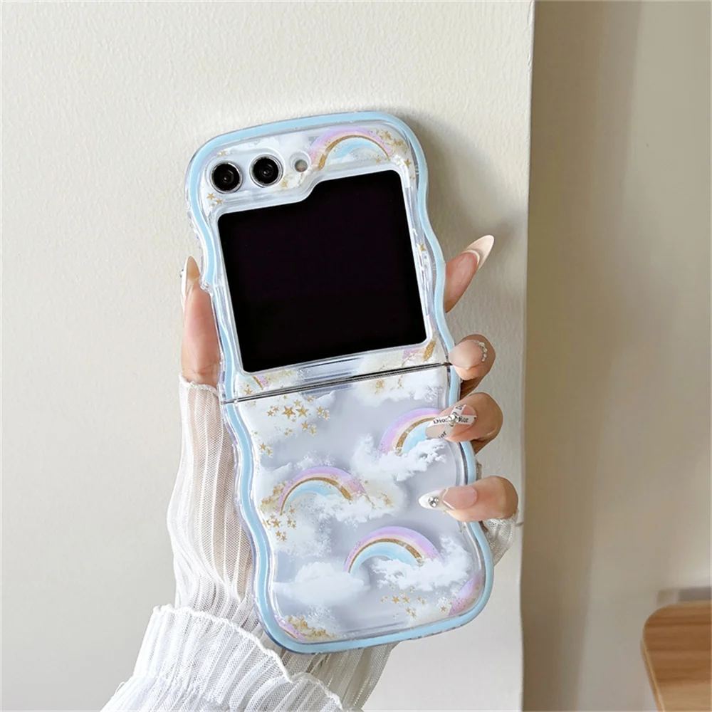 Cute Cartoon Flower Bracelet Case for Samsung Galaxy Z Flip 5 4 3 6 Flip5 Zflip4 Beads Wrist Chain Wavy Painting Korea Cover image 2