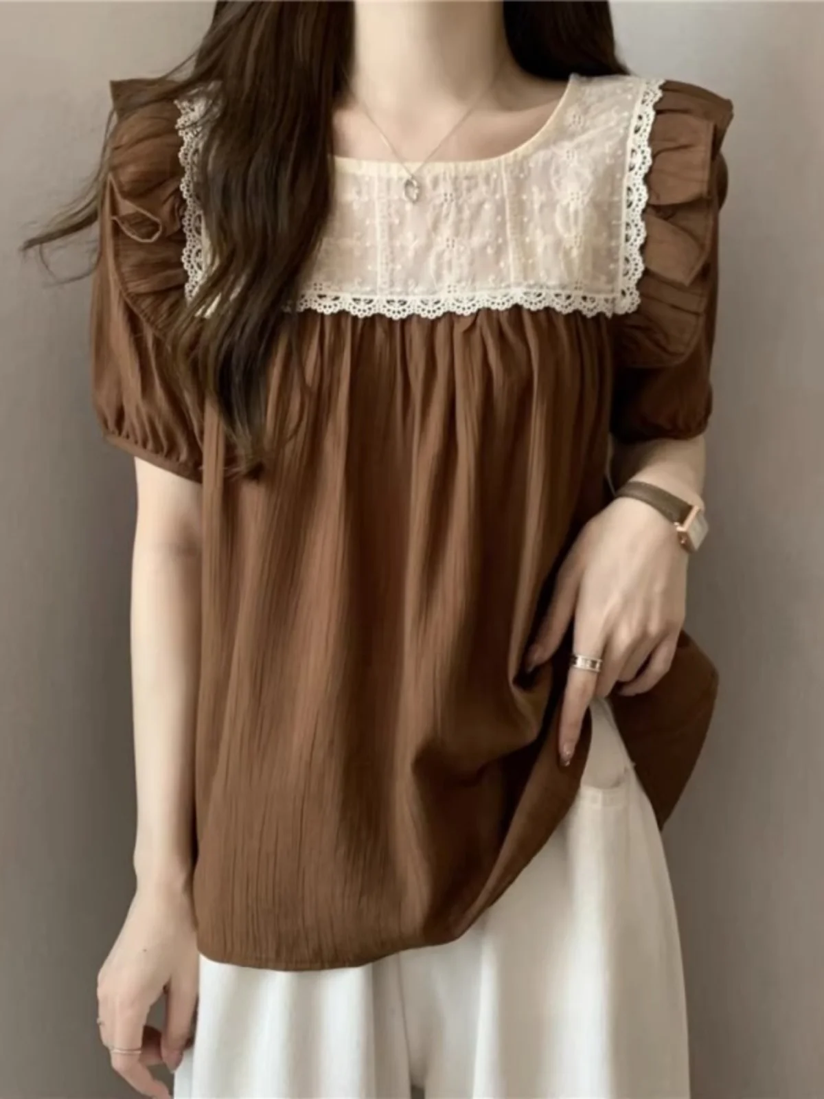 Blusa Holgada de Gasa para Mujer, Diseño Nuevo de Verano, Adorno de Encaje, Estilo Coreano, Cuello Redondo, Línea Recta...