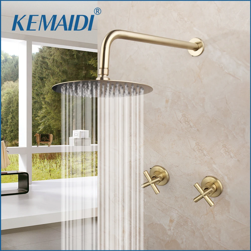 KEMAIDI Brush Gold Bathtub Shower Faucet Set Bathroom Rainfall Shower Systerm Wall Mounted Dual Handle Mixer Faucets Tap