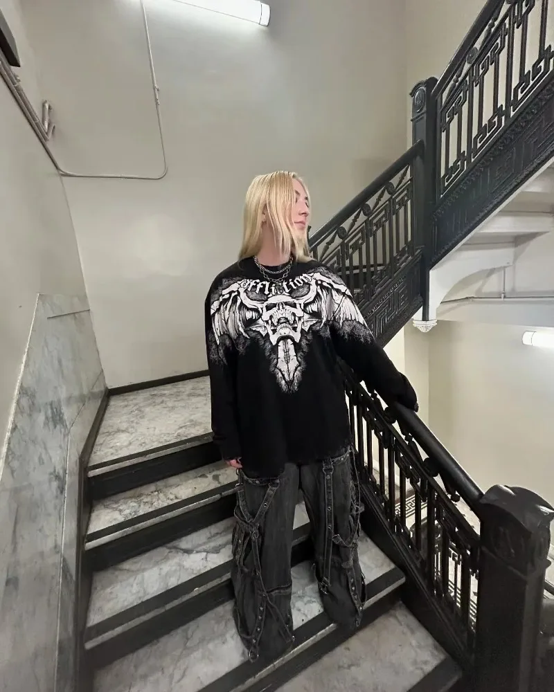 2000s Affliction Winter Long Sleeve T-Shirt Hip Hop Crew Neck Oversized Sleeve Men Women Casual Gothic Clothing Tops Streetwear