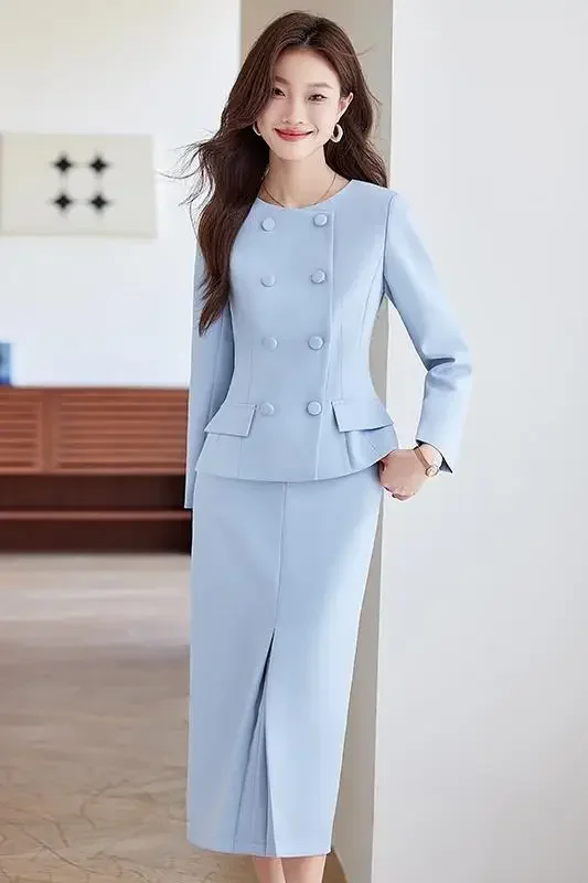 Elegant Suit and Skirt Set: Women\'s 2024 Autumn New Fashion Korean-style Sweet Round Neck Coat Trend Female Lady Two-piece Set