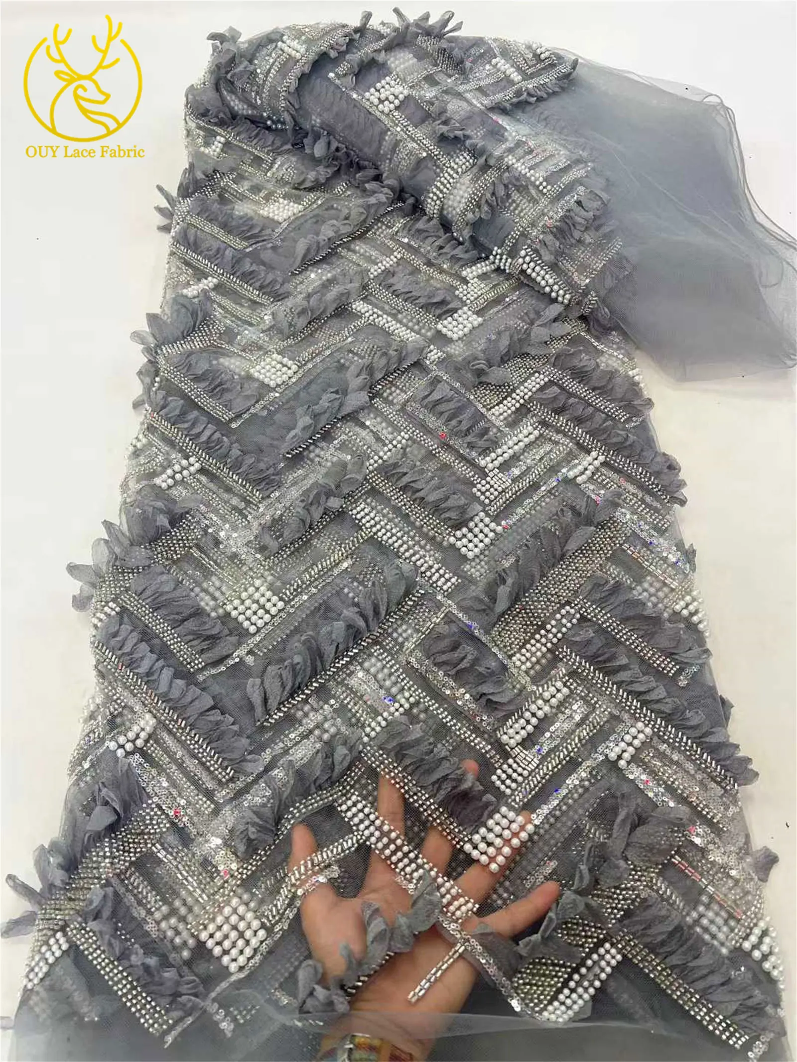Neues Design 3D Afrikanischer Perlenstickerei-Spitzenstoff 2026 Hochwertiger Französischer Pailletten-Tüllspitzenstoff für Nigerianische Hochzeitskleider – Detail 14