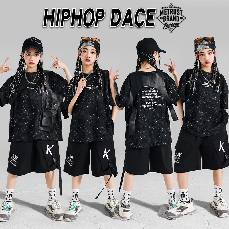 Cool Street Dance Suit Kids Black Top T-Shirt Hip Hop Shorts Girls Stage Costume Jazz Performance Outfit Fashion Streetwear 1968