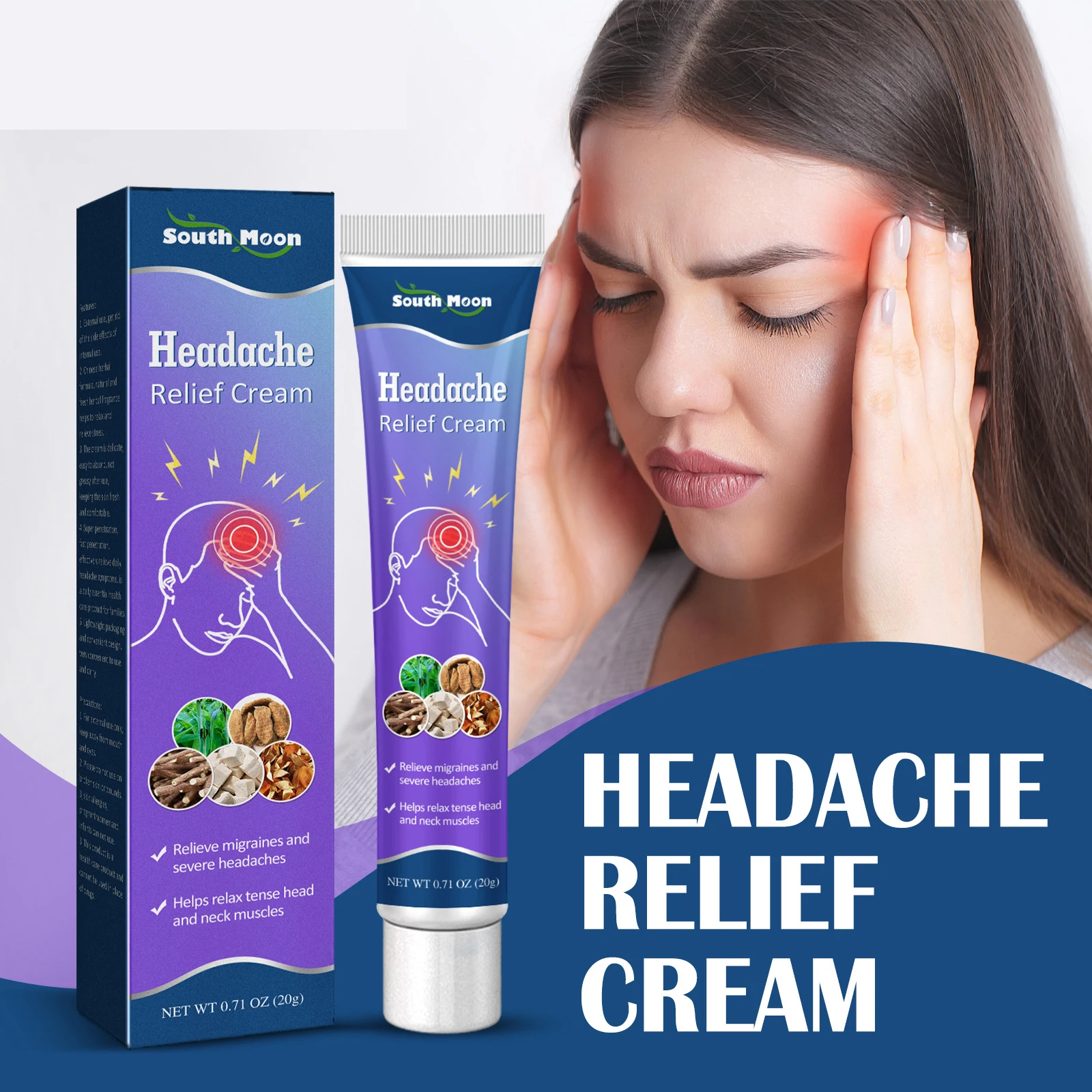 

Headache Relief Cream Herbal Migraine Treatment Soothing Dizziness Relax Tense Head and Neck Muscle 20g