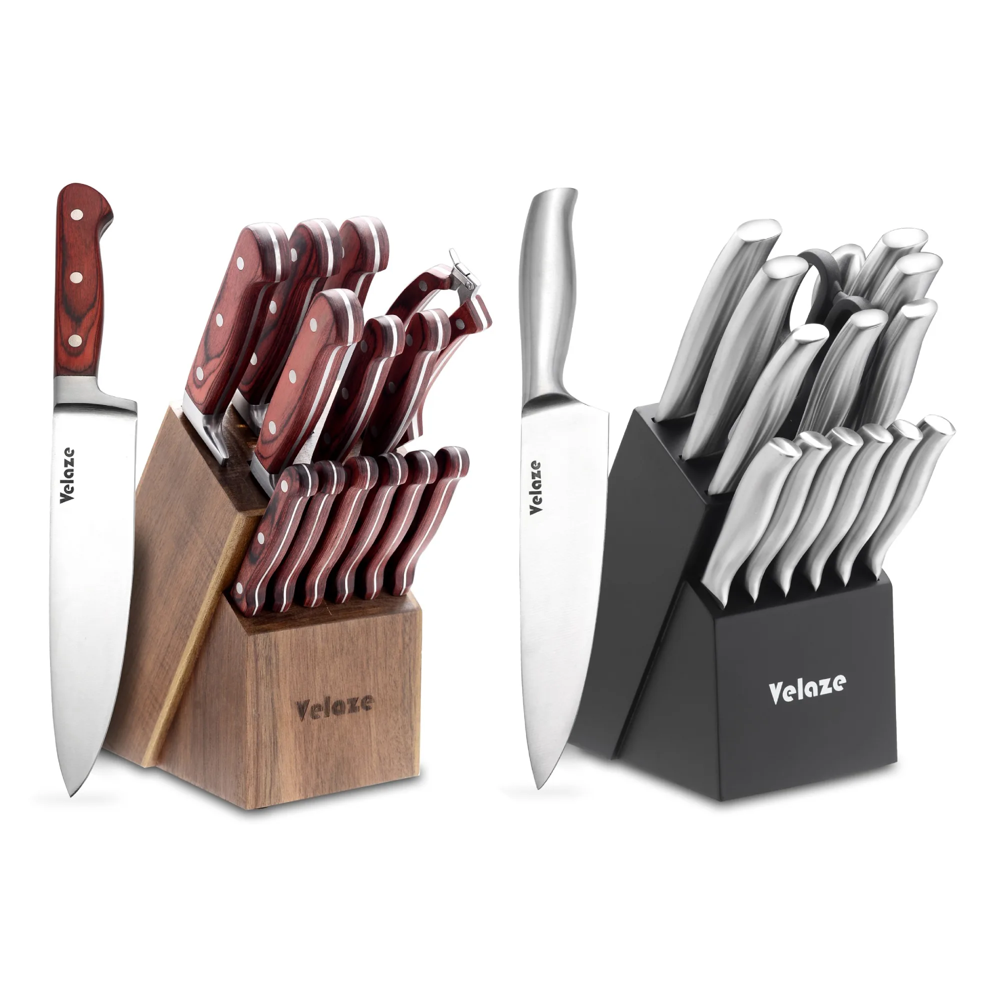 Velaze-Juego de cuchillos de cocina de 14/15 piezas, cuchillo de fruta, cuchillo de Chef afilado X50Cr15, mango de madera de acero inoxidable para carne/pescado/fruta