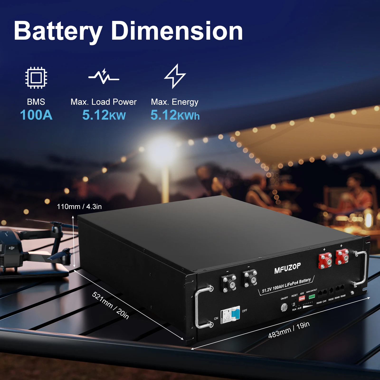 MFUZOP 51.2V 100Ah Rack Mount LiFePO4 Battery Grade‑A Cells Built‑in BMS CAN RS485 Bluetooth APP For Home Solar Energy Storage