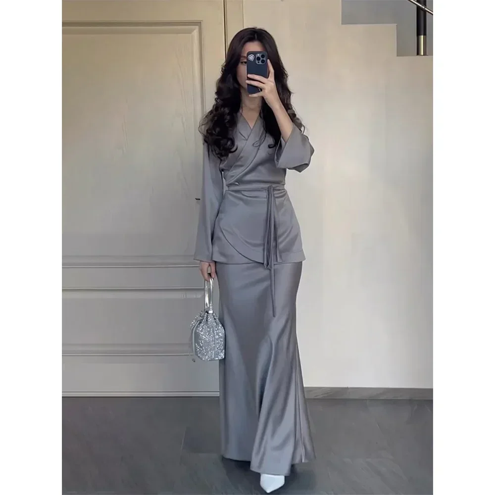 Eid women Set for woman Ramadan Satin Shirt with Skirt 2 Piece Bandage Musulman Ensembles Belt Dubai Outfit Robe Jalabiya 2024