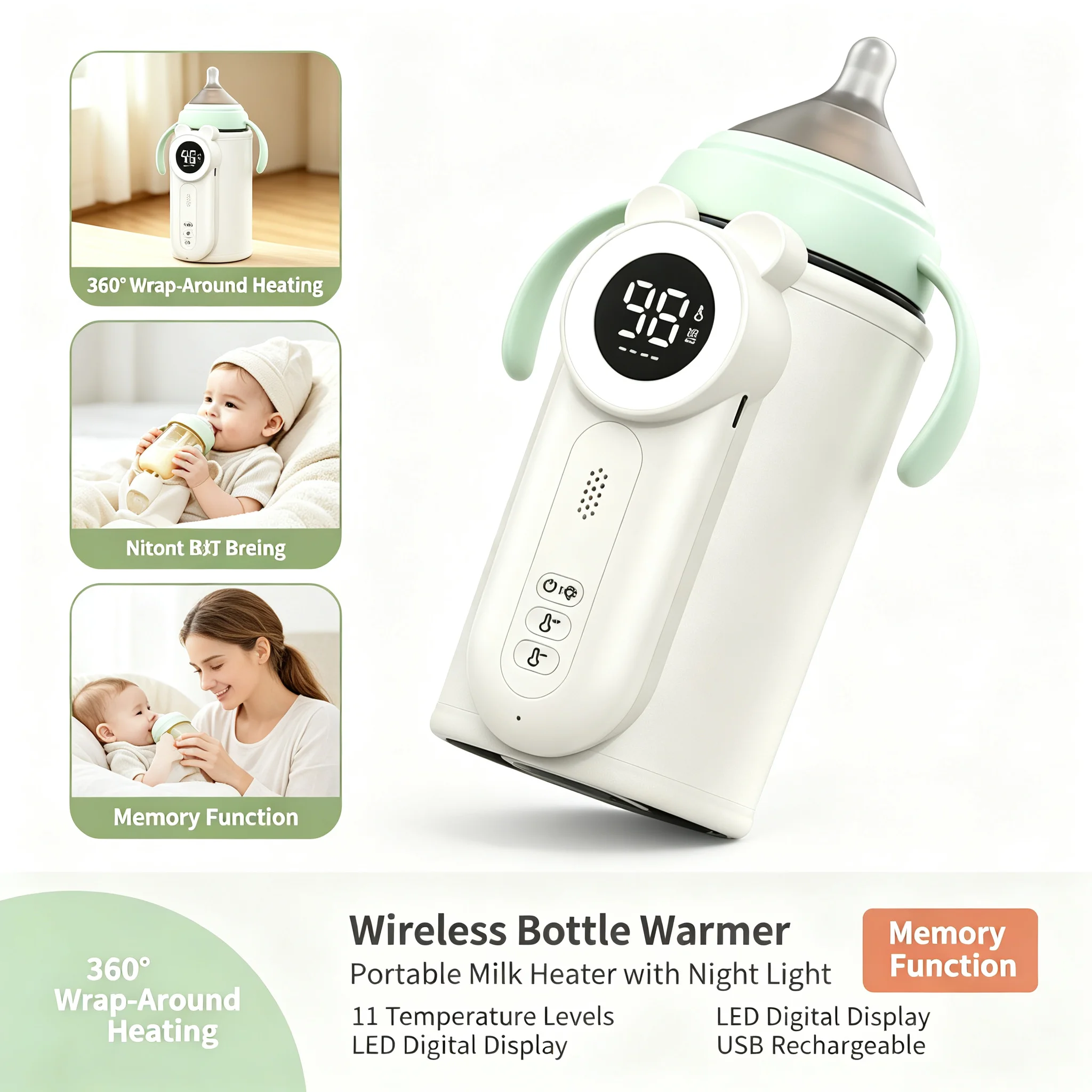 Portable Baby Bottle Warmer Wireless USB Rechargeable Milk Heater Temp Control Water Formula Dispenser for Travel Outdoor Car