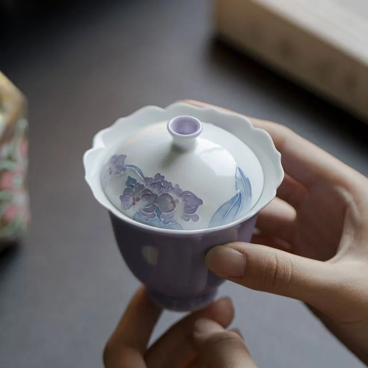 110ML Hibiscus Purple Flower Mouth Ceramic Cover Bowl Kung Fu TeaSet Hand Painted Begonia Household Tea Bowl Literati Cover Bowl