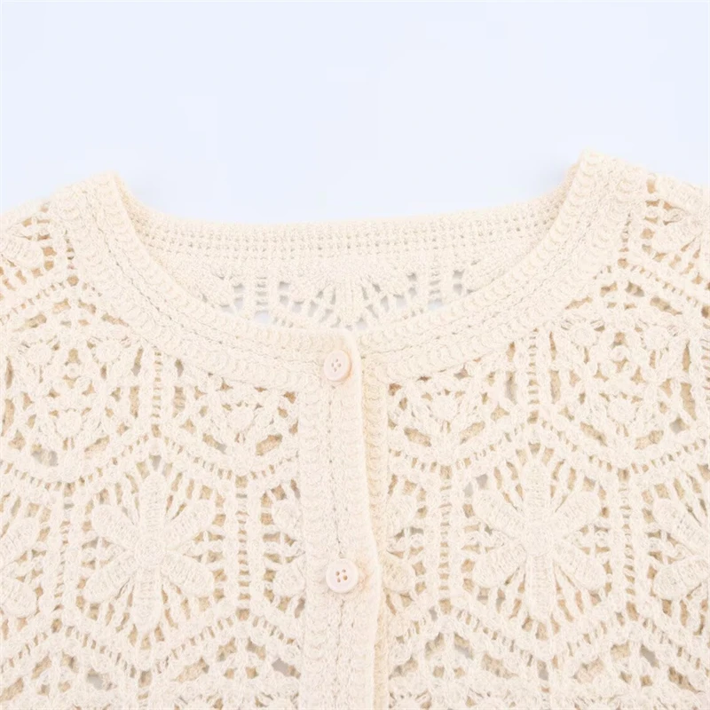 KEYANKETIAN новый летний женский вязаный кардиган с круглым вырезом и длинными рукавами, вязаный крючком короткий однобортный свитер для женщин