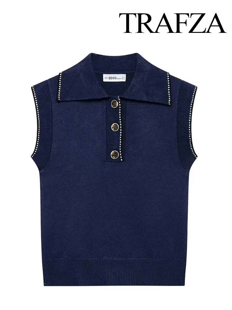 TRAFZA  Woman Autumn Chic Single Breasted Decoration Vest Top Fashion Female Turn Down Collar Knitted Sleeveless Sweater Tops