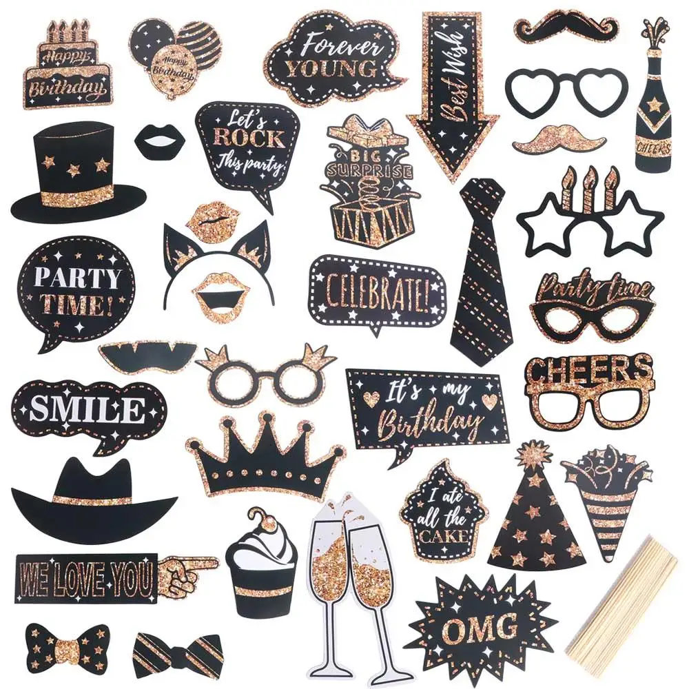 

36pcs Black Gold Birthday Photography Props Paper Cartoon Photo Booth Props Festival DIY Craft Dress Up Costume Mask