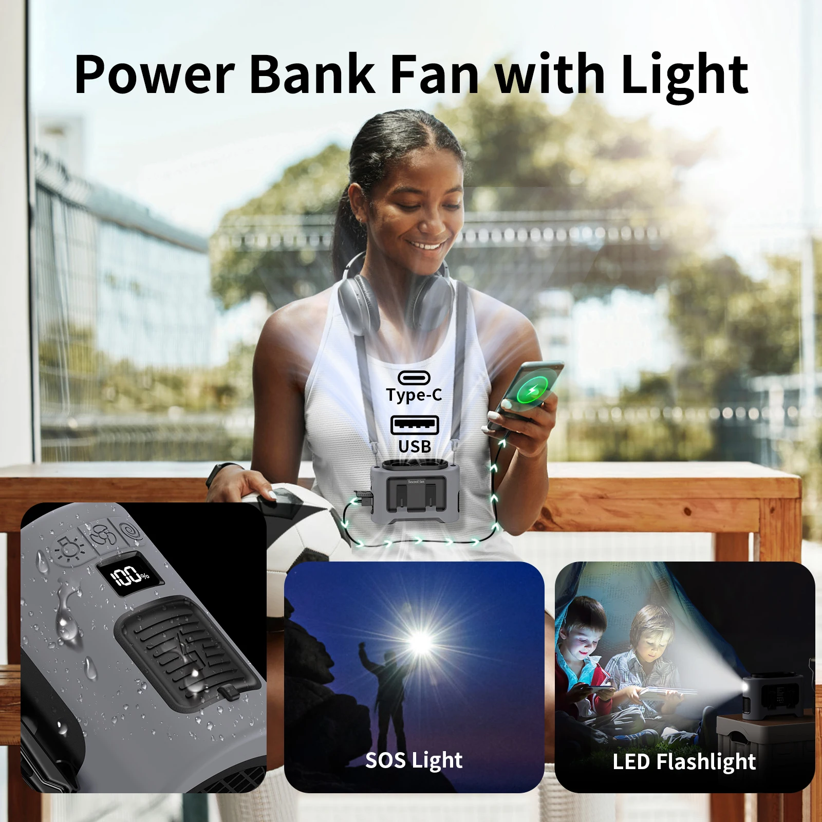 ترقيات جديدة لعام 2025 مروحة خصر محمولة خارجية معلقة على الرقبة 5 مستويات بنك طاقة الرياح القوي مع إضاءة LED لرياضات السفر