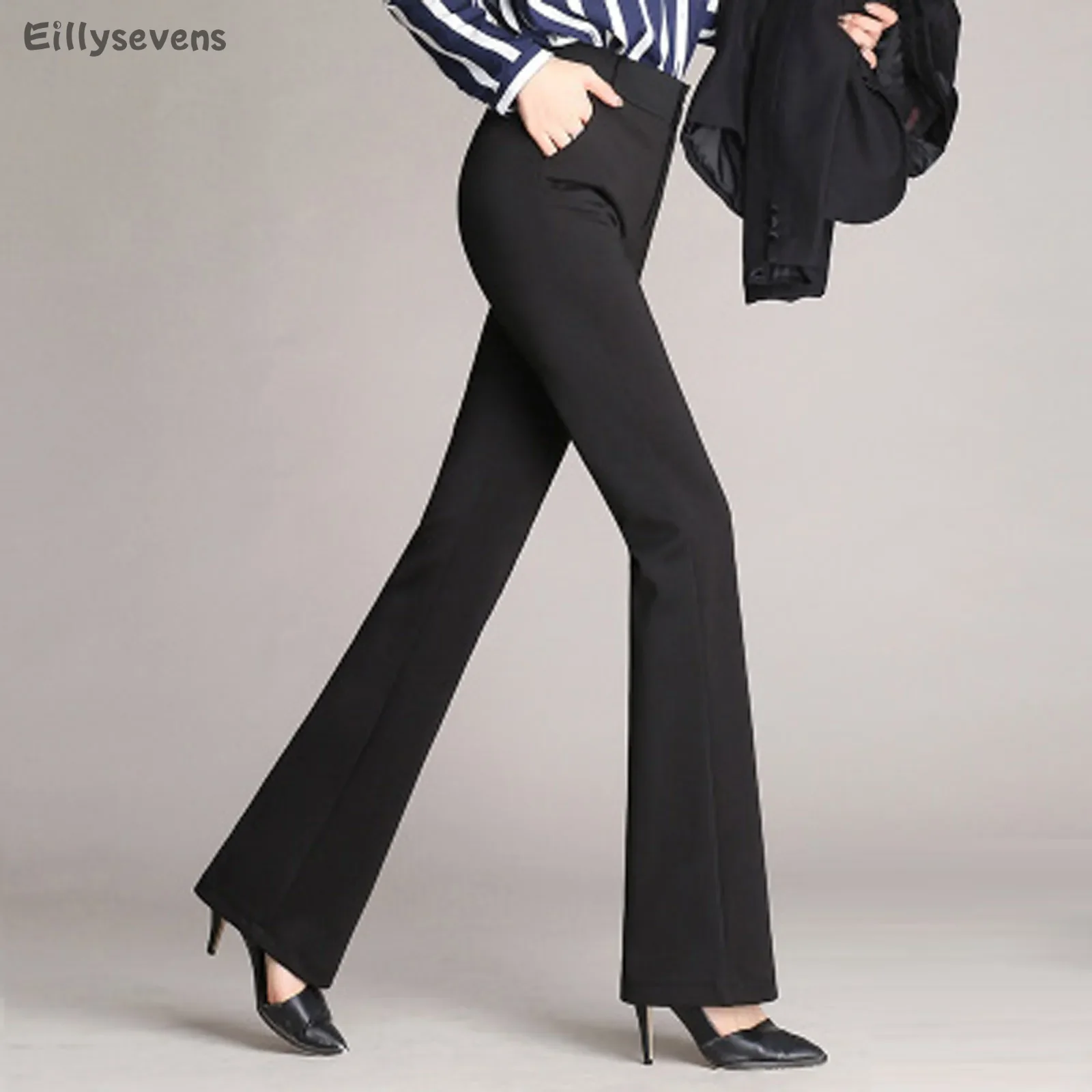 women's pants Business casual micro-flare pants with Pockets High Waist Solid Straight-leg Pants Long Trousers traf pantalones