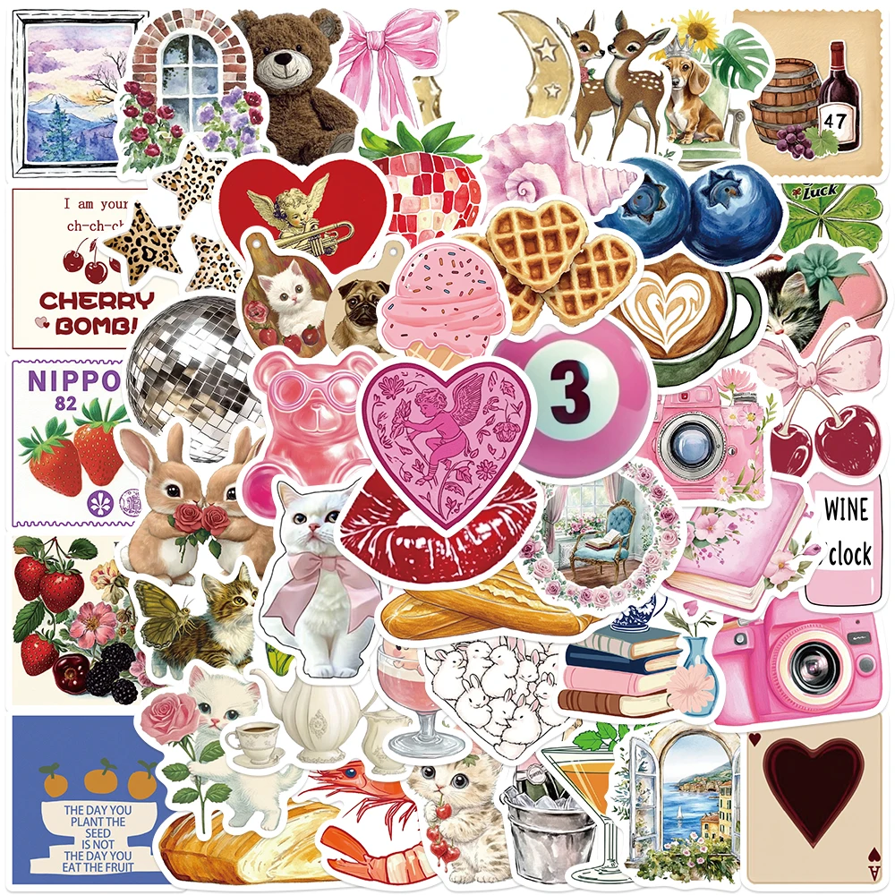 

50pcs Classic Retro Cartoon Heart Fruit Animal Aesthetic Art Stickers For Luggage Guitar Laptop Phone Waterproof Vinyl Decals