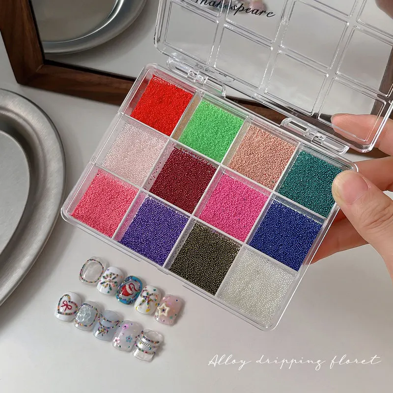 12 Grids Dopamine Nail Beads Macaron Color Mini Round Beads Mixed DIY Nail Charms Nail Art Decorations Accessories Wholesale