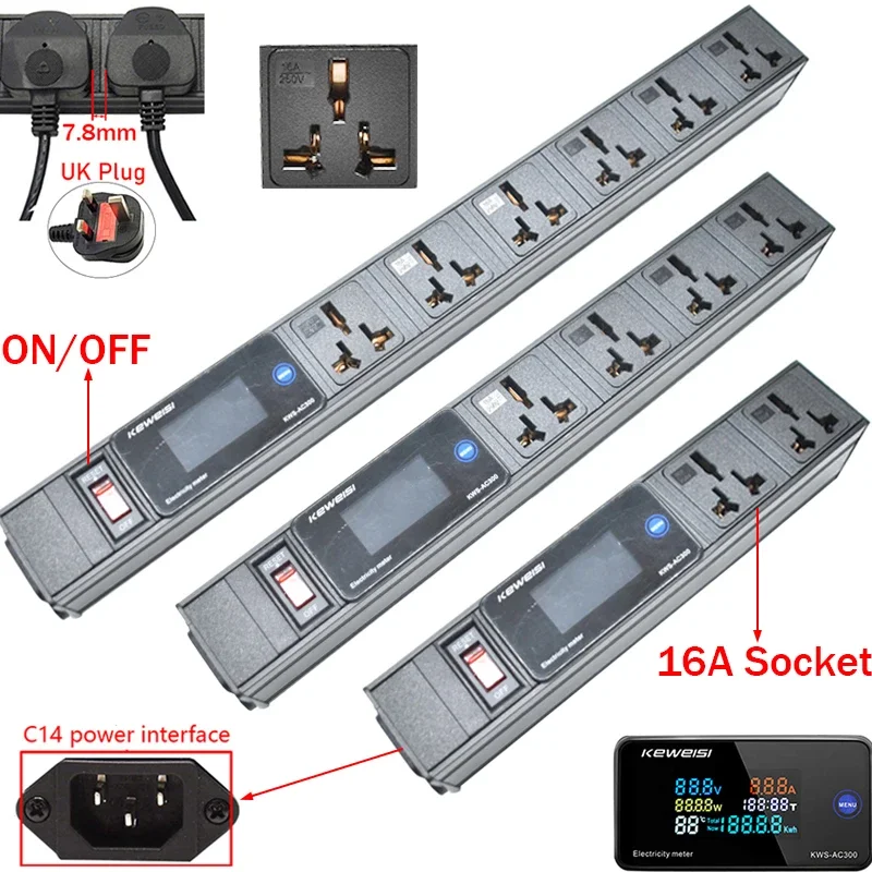 

Power Strip with Switch Digital Ampermeter Power Energy Voltmeter Ammeter Universal 16A Socket Plug adapter C14 interface
