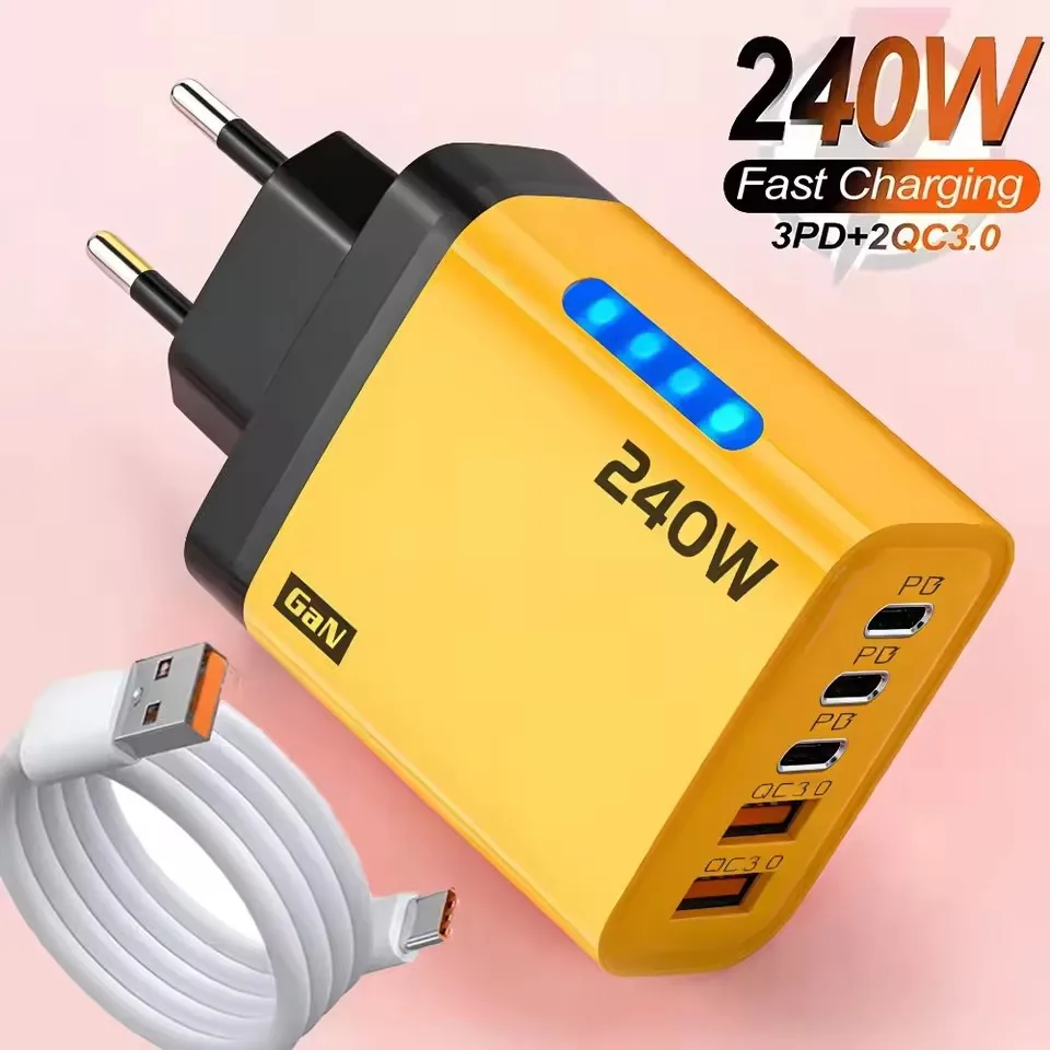 Cargador de escritorio USB-C GaN 5 en 1, adaptador de carga rápida de 240W, Cable tipo C de 10A para iPhone, Samsung, Xiaomi, cargador con enchufe para UE/EE. UU./Reino Unido