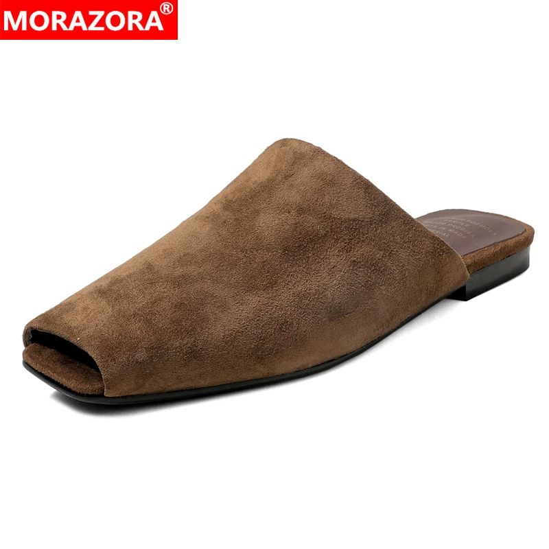 

MORAZORA Size 34-41 New Genuine Leather Slippers Women Shoes Peep Toe Flat Slippers Pull On Fashion Summer Mules Casual Shoes