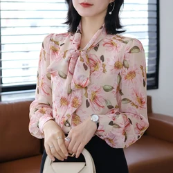 Autumn Elegant Fashion Chic Office Lady Shirt Women Long Lantern Sleeve V Neck Bow Natural Scenery Print Contrasting Color Top