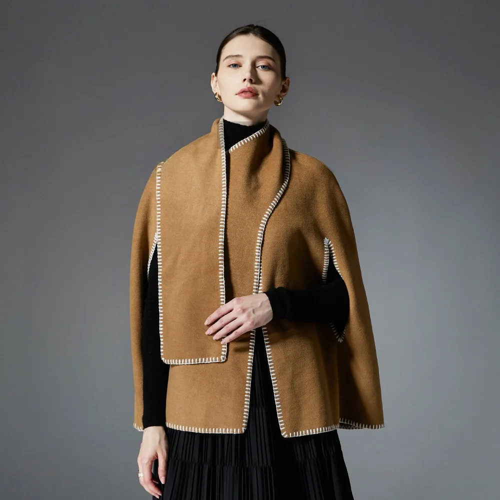 Khaki Stitched Cape Shoulder Wrap Scarf Versatile Warmth Street Style Women's Fashion Half High Collar Other Thickness