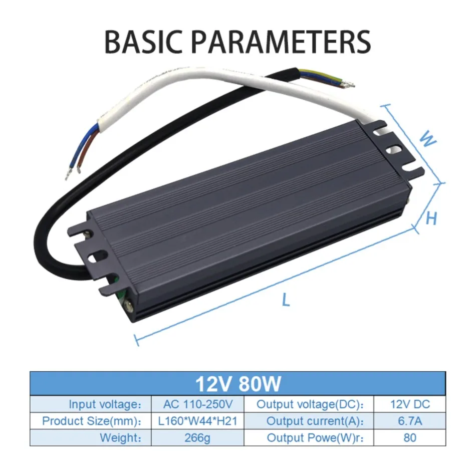 Trasformatore di illuminazione 110-250V AC a DC 12V 80W 6.7A adattatore Driver LED alluminio esterno IP67 alimentatore Switching impermeabile