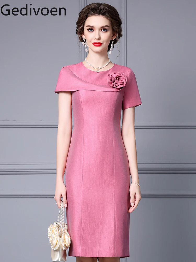 

Gedivoen Summer Fashion Runway New Designer Three-dimensional Decoration Floral Luxury Style Party Elegant Pencil Dress