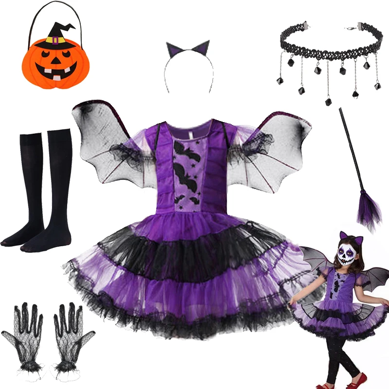 

Girl Cosplay Pumpkin Bat Dress Children's Vampire Witch Show Dresses Halloween Dress Up Costumes Christmas Clothes for Gifts
