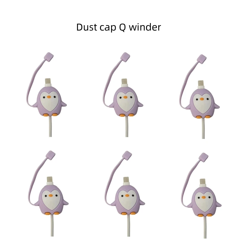 1pcs Anti-break ฝุ่นสีม่วง Winder PVC สายชาร์จข้อมูลกรณีอุปกรณ์ต่อพ่วงโทรศัพท์มือถือน่ารัก Penguin กรณี Penguin Winder