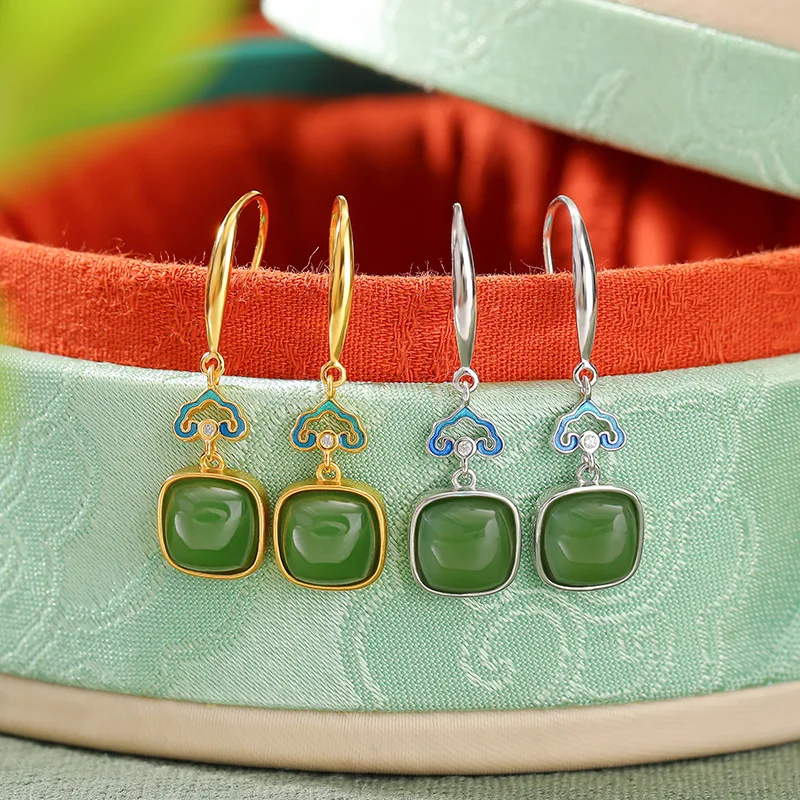S925 Sterling Silver Gold-Plated Hetian Jade And Celadon Vintage Style Cloisonn Ruyi Square Earrings With Ear Hooks