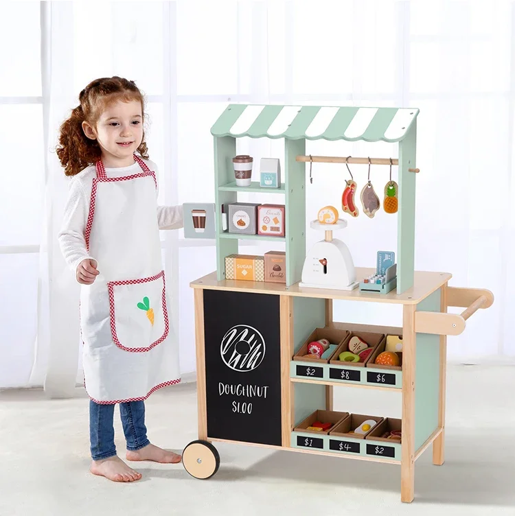 Children's Play Wooden Kitchen Toy Simulated Stall Cash Register Supermarket Shopping Cart Toys for Kids