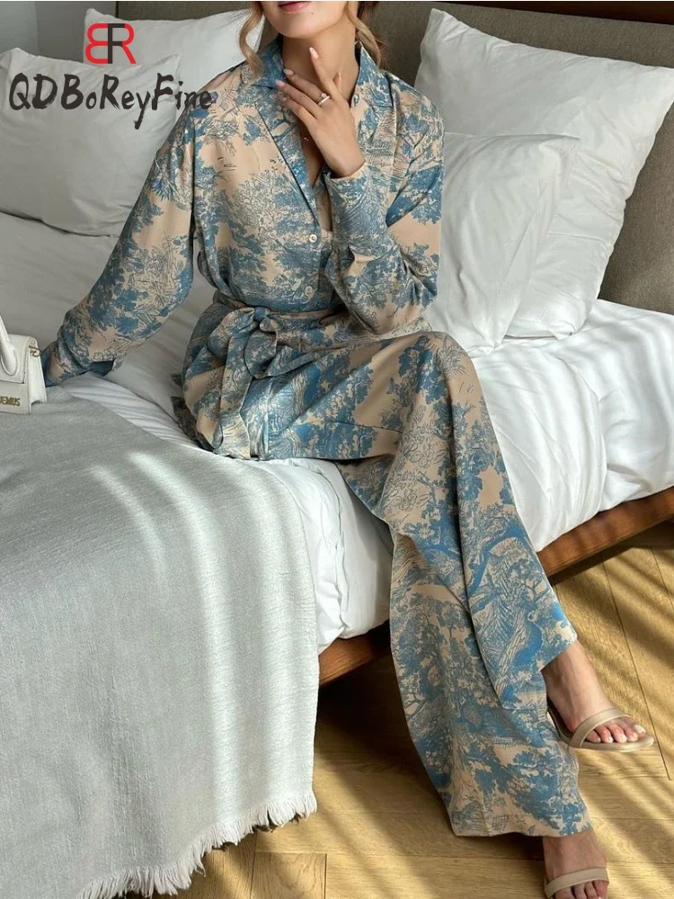 Casual Pants Sets 2 Pieces Cozy Printed Lace Up Long Sleeve Shirt Spring Outfit High Waist Wide Leg Pants Pajamas Suits Homewear