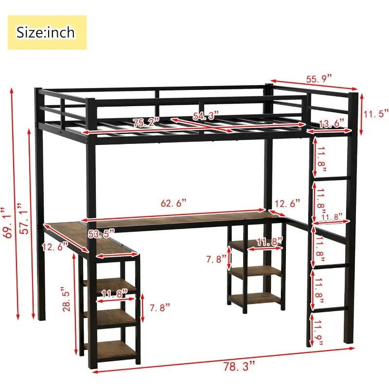 Full Size Loft Bed with Desk and Storage Shelves, Heavy Duty Loft Bed with Desk and Ladder