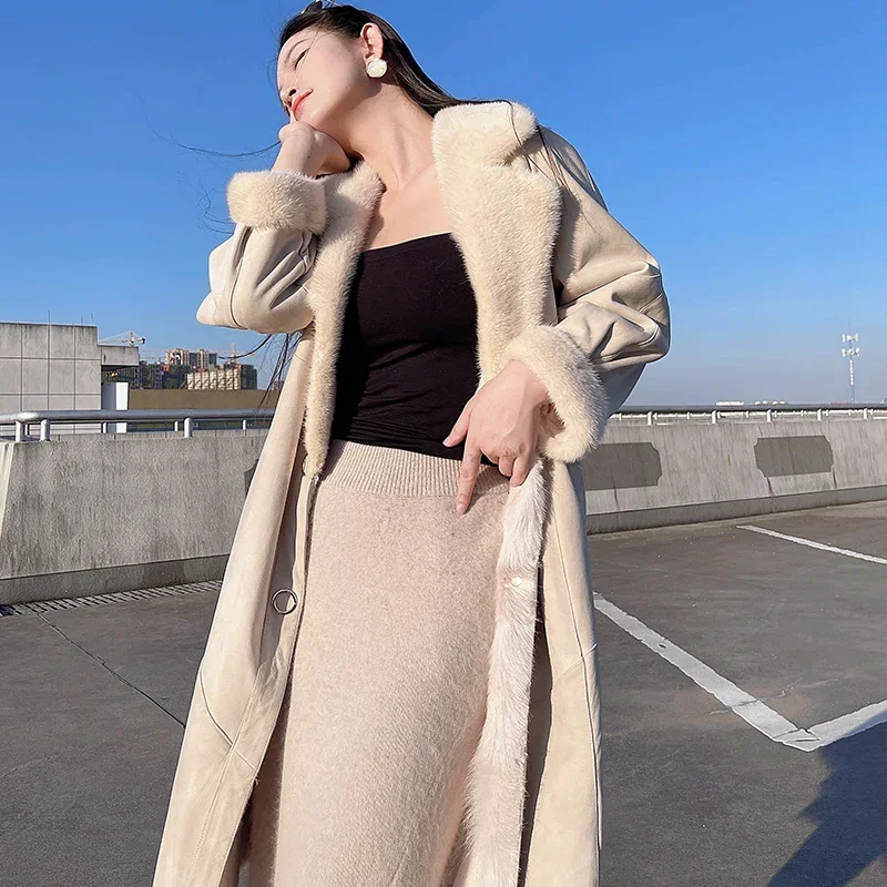 Real Fur Coat Women Winter Natural Goat Fur Coats Femme Mink Fur Collar Long Coat Nine Points Sleeve Jacket Winterjas Dames 2024