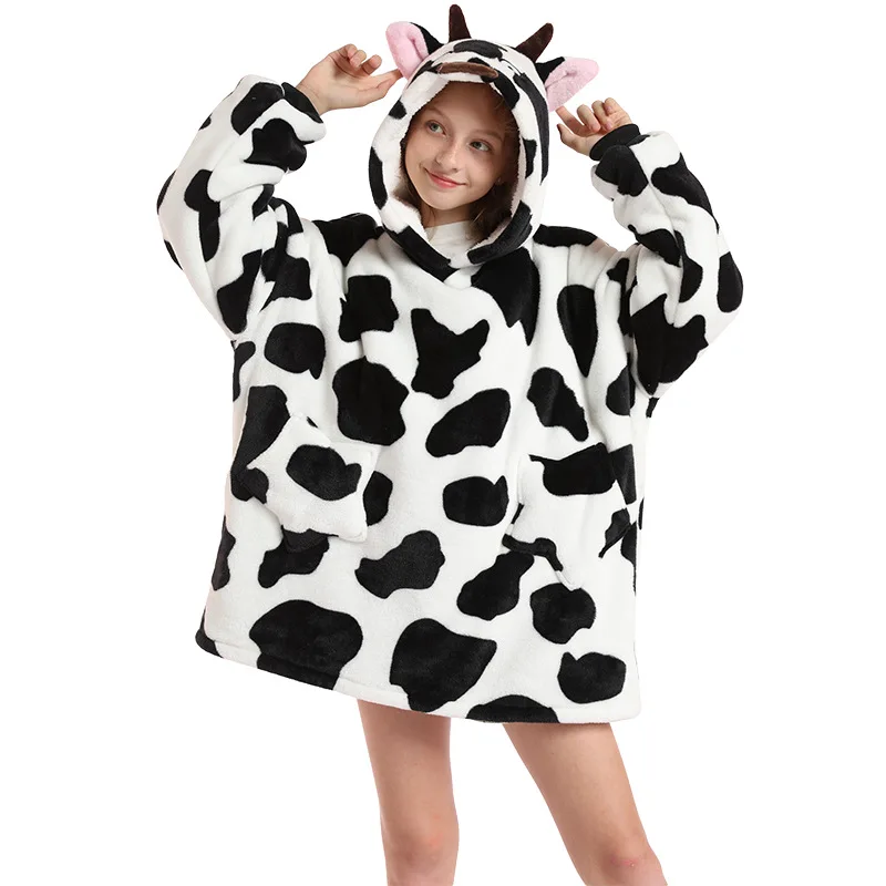 Animal Hooded Oversized Hoodies for Children Outfits Boys Girls Flannel Warm TV Blankets Kids Rabbit Cow Giraffe Clothes Tops