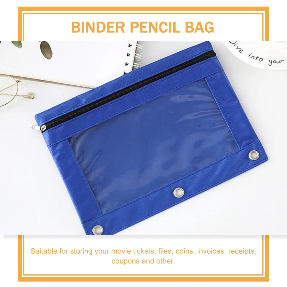 3 Pcs Three Hole Pencil Case Pouch for Binder Clear File Detachable Clips Eye Mask Bag Zipper Pocket