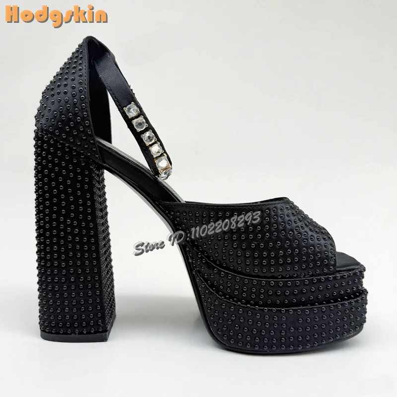 

Black Crystal Satin Square Toe Sandals Double Platform Chunky Heel Buckle Strap Pumps Thick Sole 14cm Women Shoes 2025 Summer