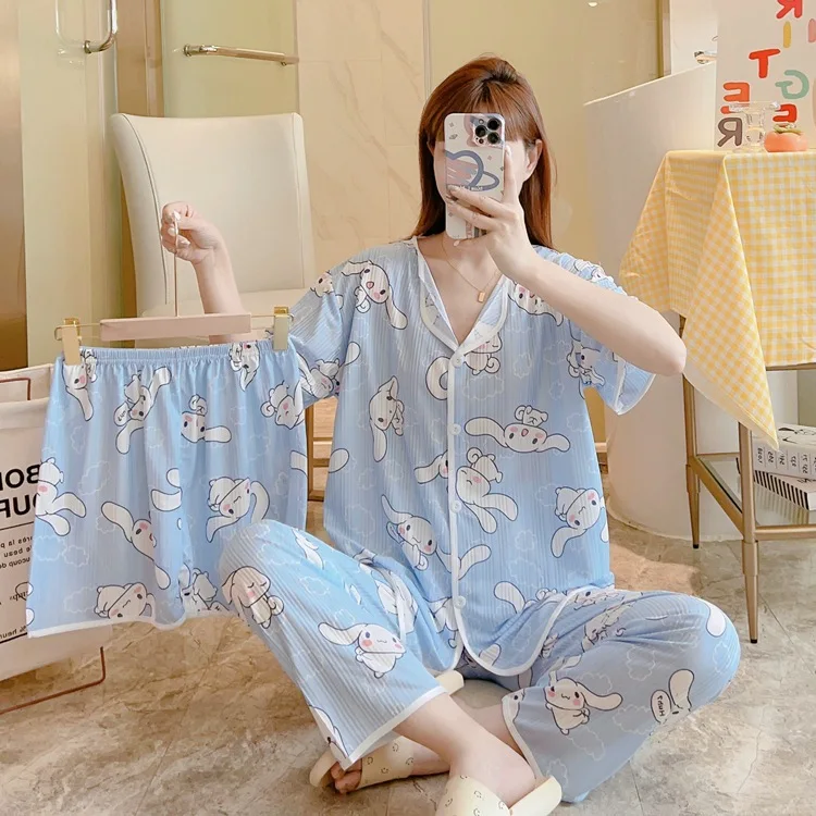 Anime Kawaii Pajamas Women Summer Short-sleeved Trousers Three-piece Cartoon  Loose Pit Milk Silk Pyjamas Women Sleepwear