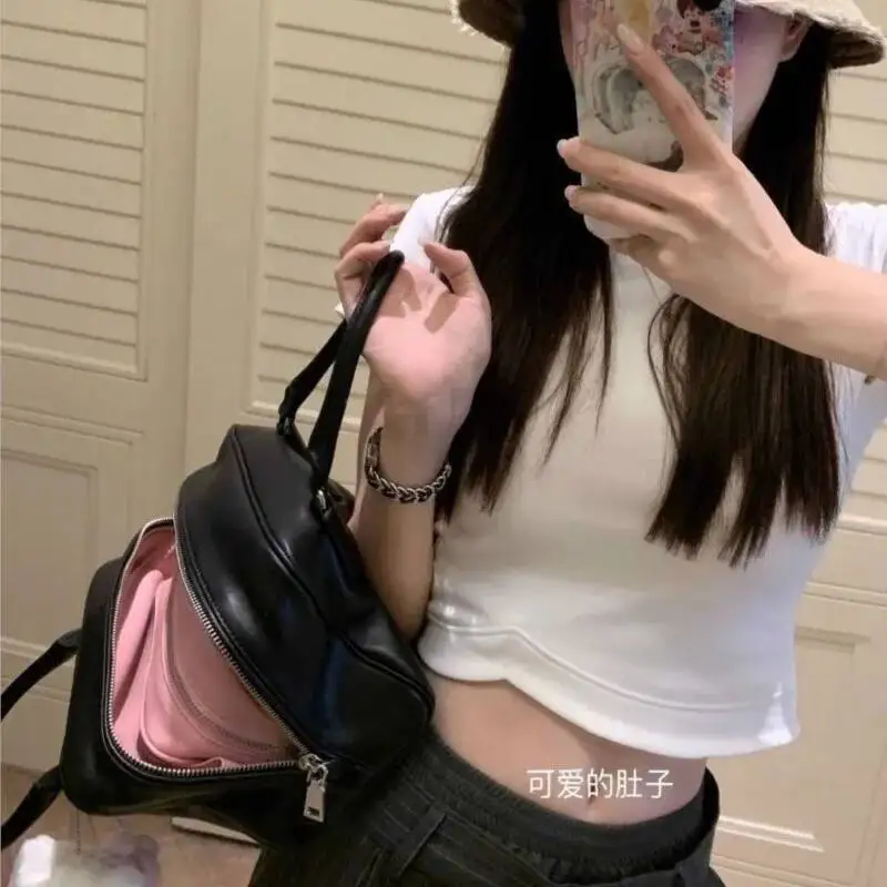 Bloom Retro Black Bowling Bags Purse Women New High Street Pu Leather Casual Y2k Hand Ladies Vintage Square Bag Aesthetic