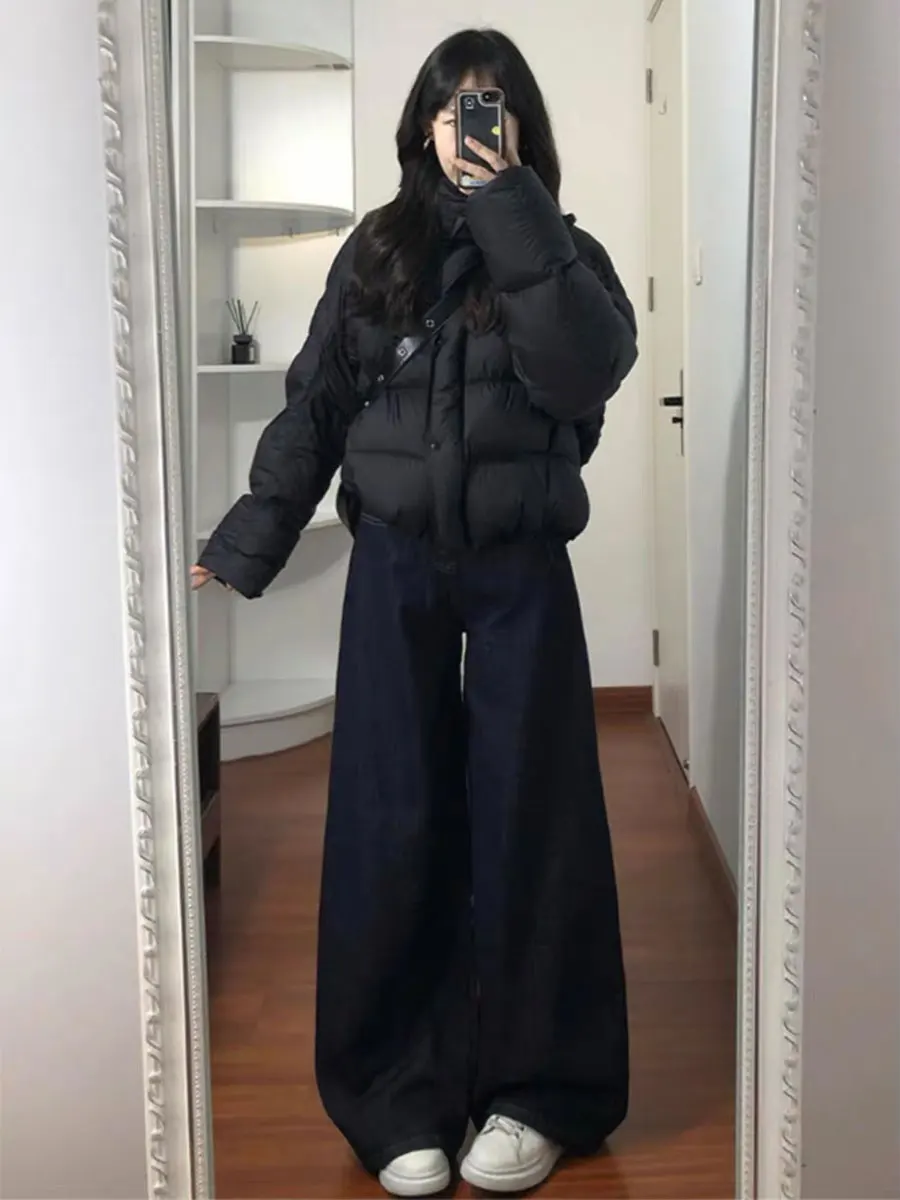 

Джинсы женские больших размеров с высокой талией, свободные, широкие штанины, длиной в пол, повседневные, синие, из денима