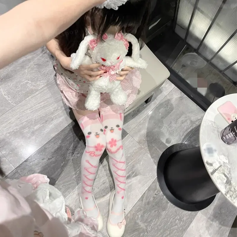 Kawaii bonito coelho branco sobre o joelho meias dos desenhos animados gato pata impressão senhora sexy longo tubo coxa meias menina lolita cosplay