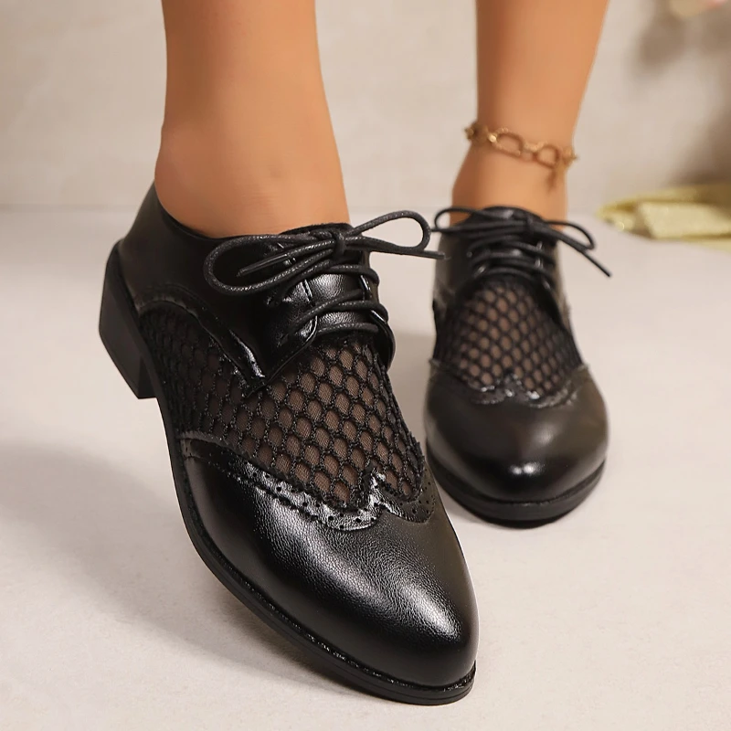 2025 Woman Shoe Female Footwear Leather Rubber Solid Leisure Lace-Up Rome Flat Mesh Pumps Pointed Toe Med Thick Heels Breathable view 3