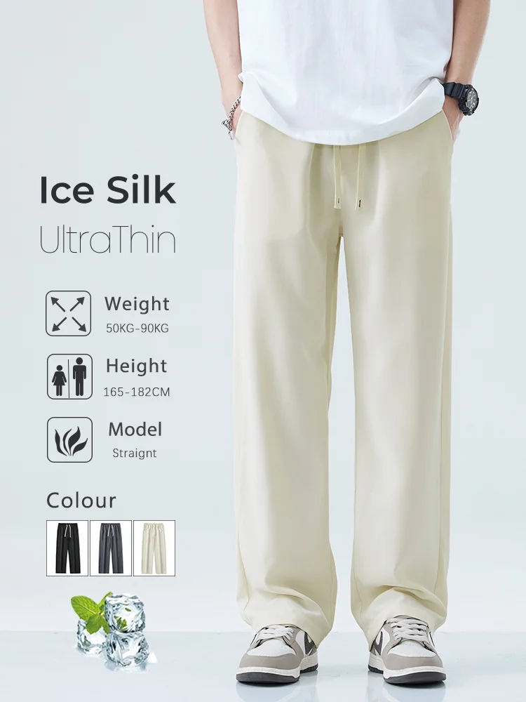 

Ice Silk Quick Dry Mens Loose Casual Pants Streetwear Elastic Waist Baggy Trousers Male Straight Fashion Jogging Sweatpants