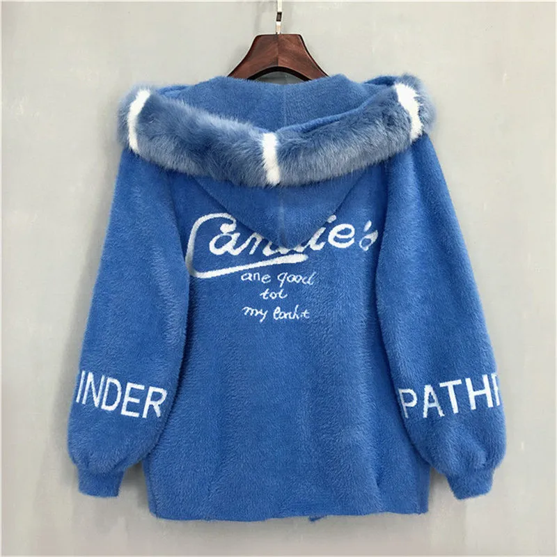 2022 autunno nuova giacca in pile di visone imitazione donna corta con cappuccio Jacquard lavorato a maglia visone peluche Cardigan con maniche a