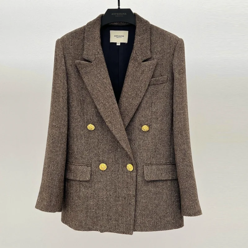 

Кофейный цвет, винтажный твидовый пиджак из смесовой шерсти, женский свободный повседневный офисный женский двубортный женский костюм, осень-зима