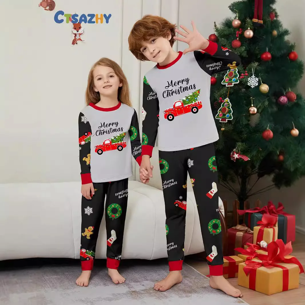 Christmas parent-child outfit  United States  Christmas tree car print home dress round neck tie long sleeve trousers pajamas